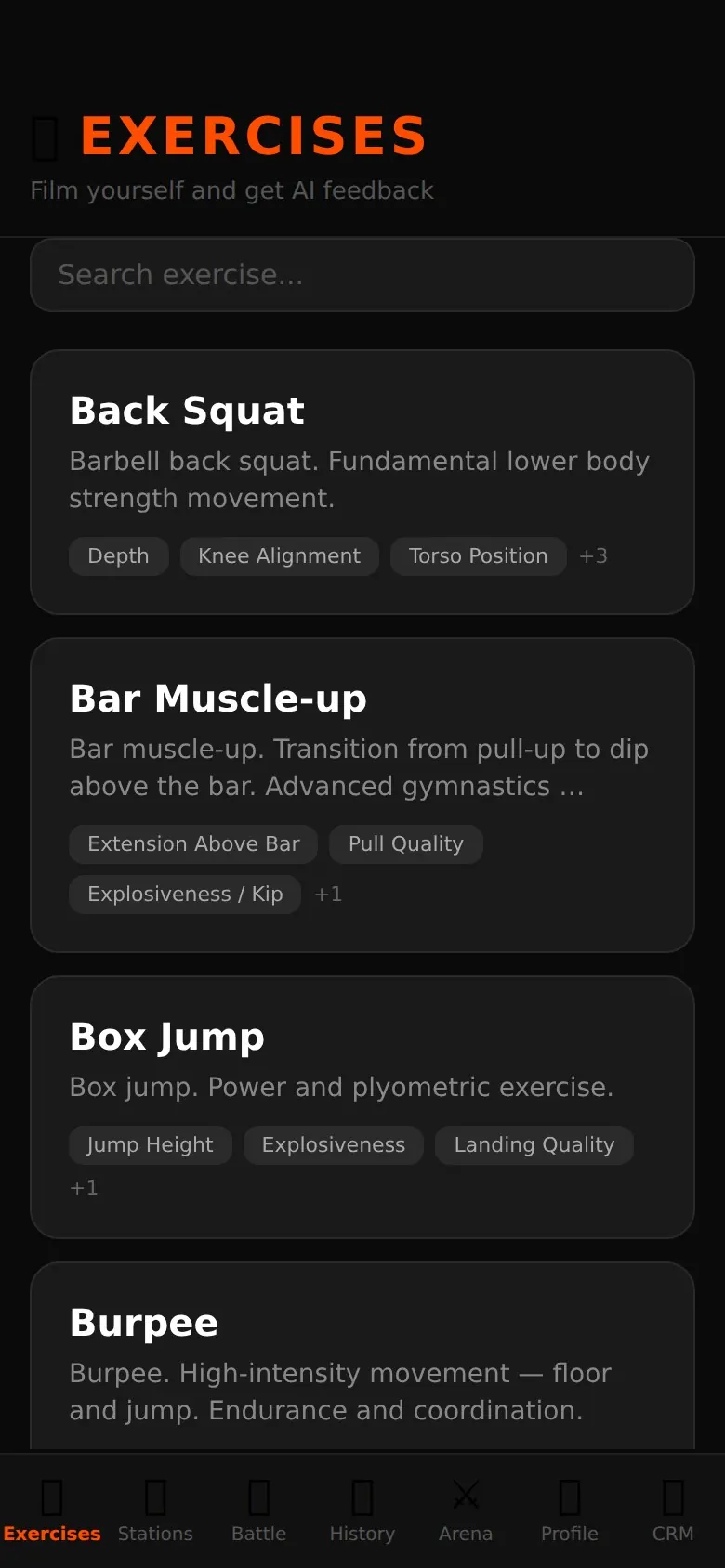 ScoreRep exercise library listing back squat, bar muscle-up, box jump and burpee with their scoring criteria