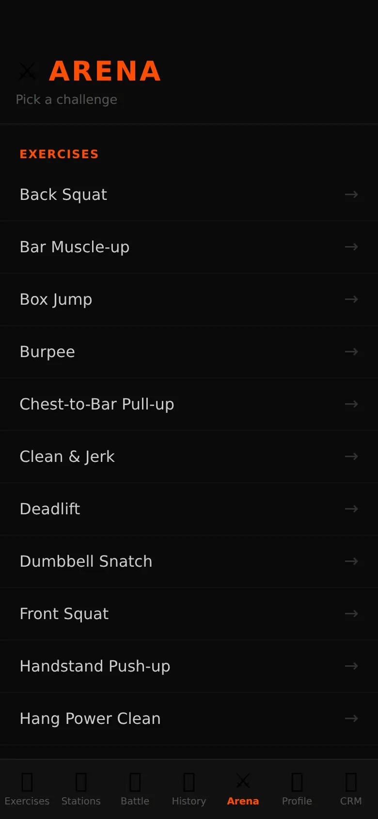 ScoreRep arena screen listing movement challenges a gym can open to its members