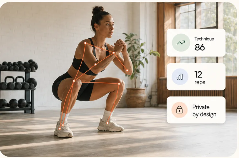 Pose landmarks tracked across hips, knees and ankles during a squat next to a technique score and rep count