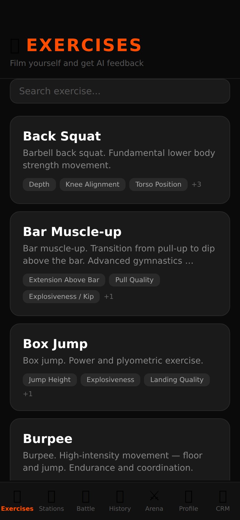 ScoreRep exercise selection screen showing movement-specific analysis options