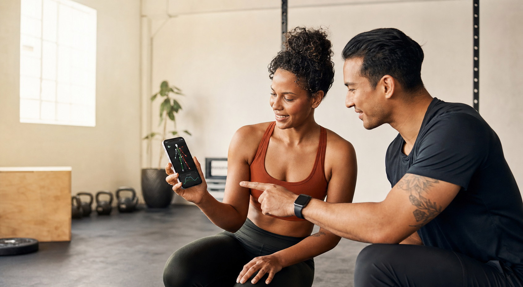 Athlete and coach reviewing ScoreRep movement tracking together on a phone in a gym