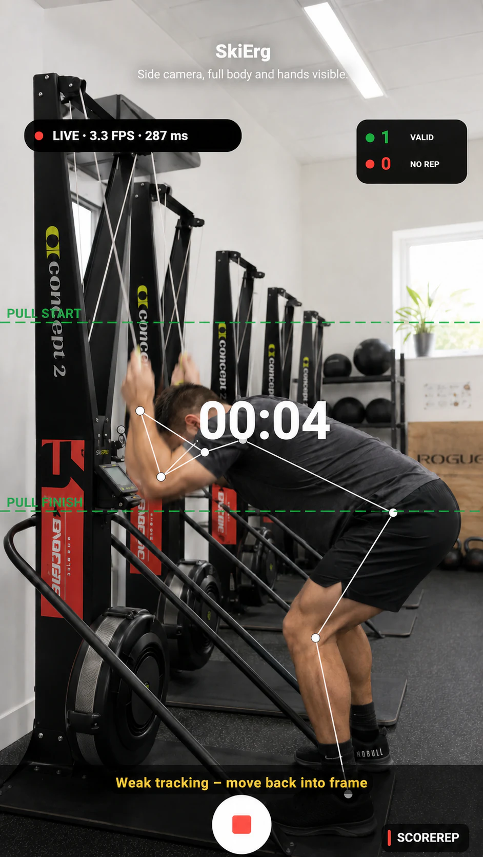 ScoreRep counting SkiErg pull cycles live with body tracking and pull-position guides